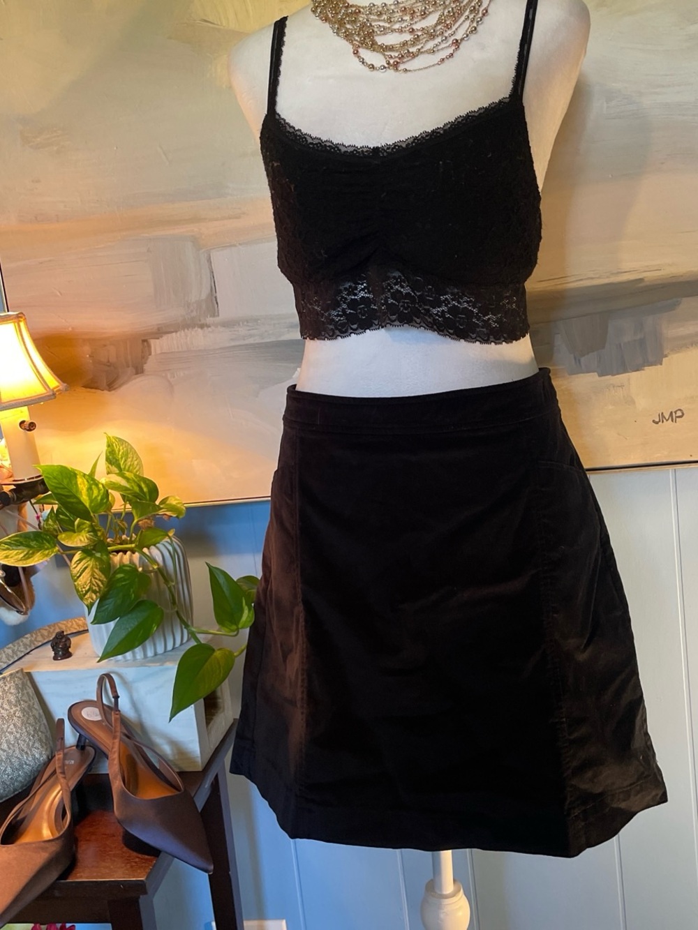 LOFT Black Velvet A-Line Mini Skirt